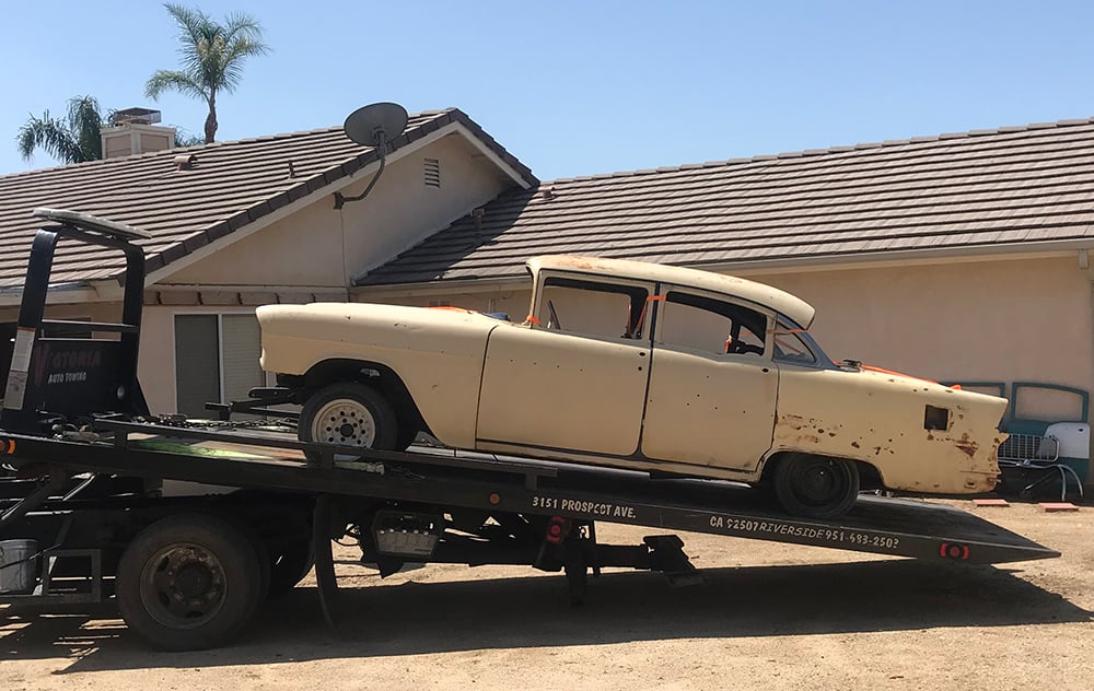 1955 Chevy on flatbed trailer