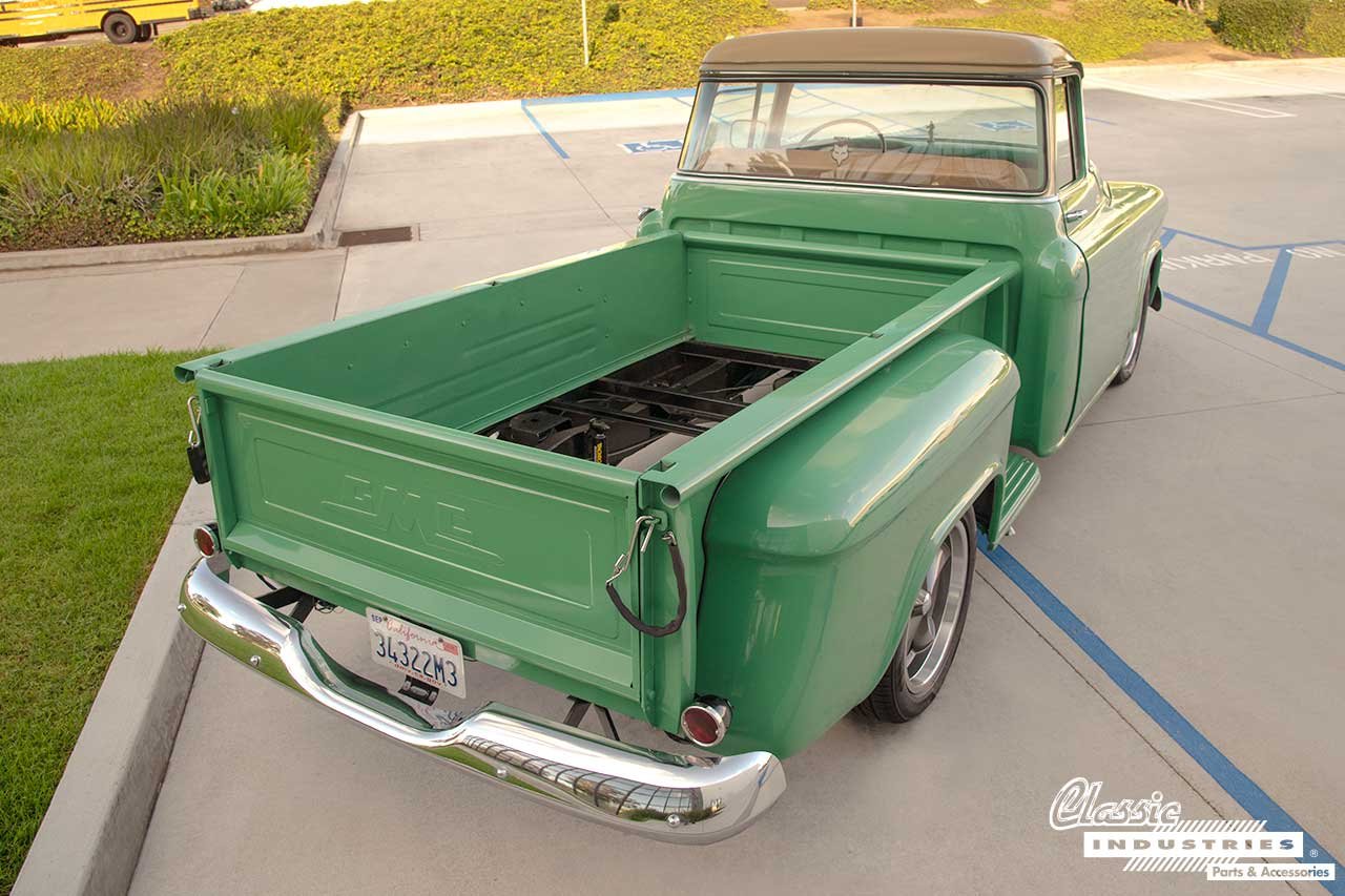 1955_GMC_100_Series_Sage_Green_Three_Fourth_Rear_and_Unfinished_Bed