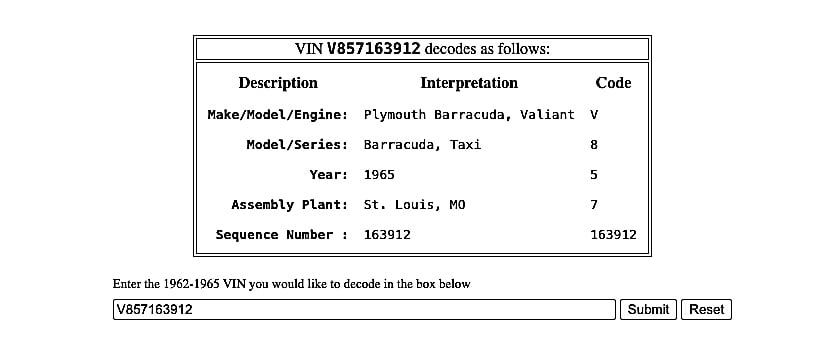 1965 A-Body Plymouth Barracuda VIN decoded copy