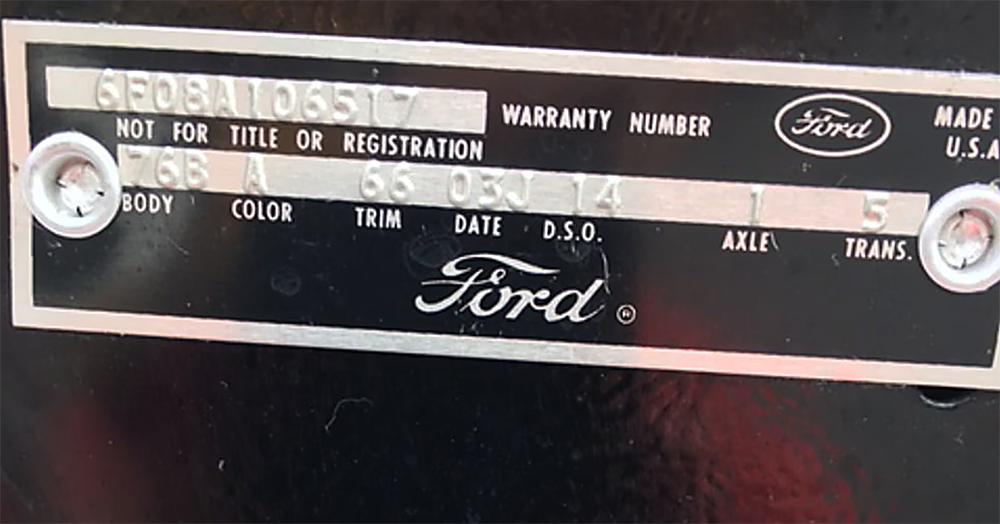 1966 Mustang data plate 1K