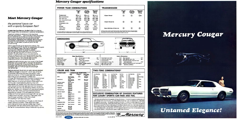 1967 Mercury Cougar brochure front and specs copy