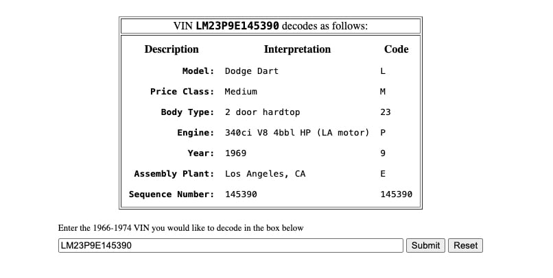 1969 Dodge Dart Swinger VIN decoded copy