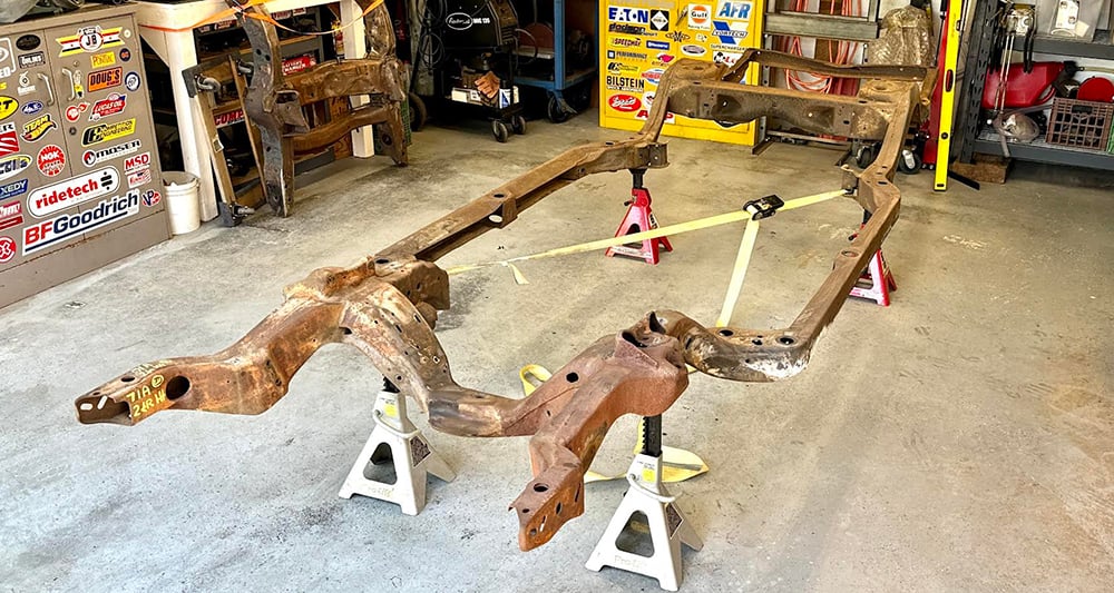 1969 GTO frame strapped BV on jacks copy