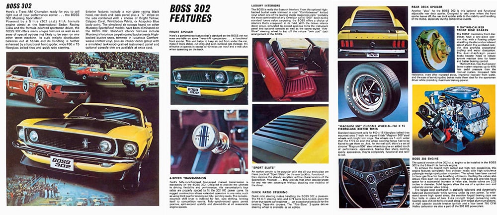 1969 Mustang Boss 302 brochure features spread copy