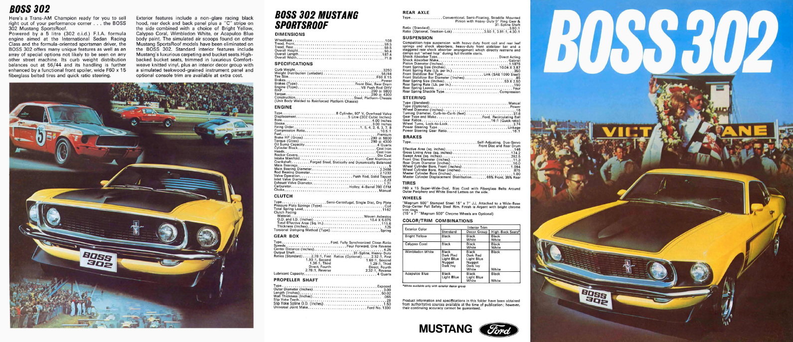 1969 Mustang Boss 302 brochure spread specs