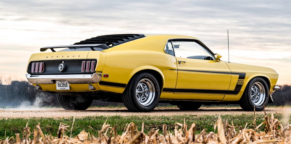 1969 Mustang Boss 302 rearish yellow street car copy