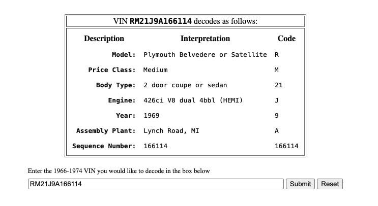 1969 Plymouth Road Runner VIN decoded copy