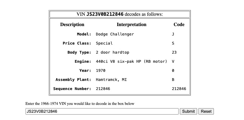 1970 Dodge Challenger RT VIN decoded copy