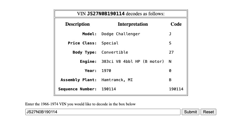 1970 Dodge Challenger RT convertible VIN decoded copy