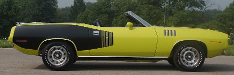 1970 Hemi Cuda convertible yellow side broadcast copy