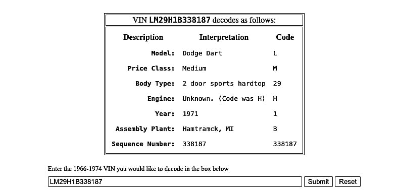 1971 Dodge Demon Swinger VIN decoded copy