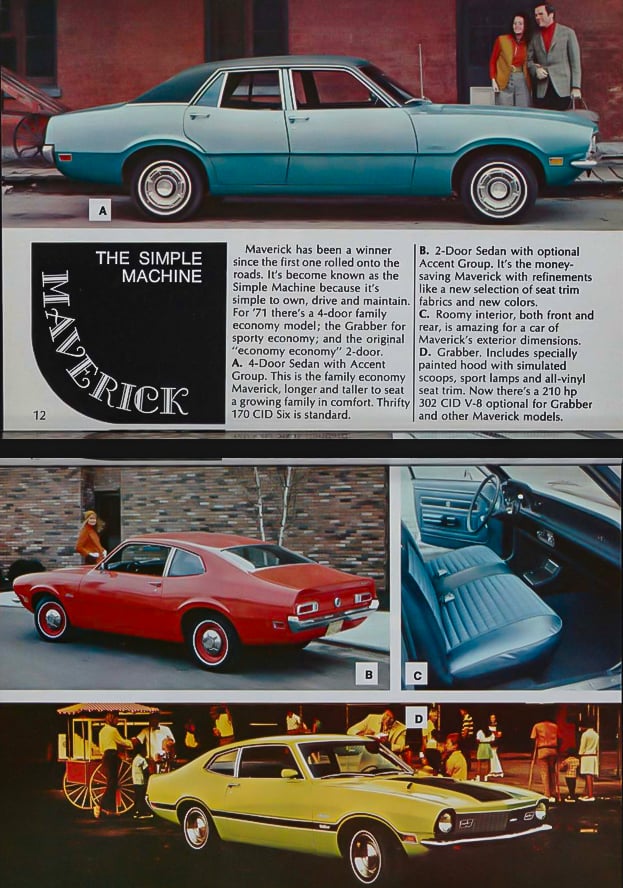 1971 Ford Mavericks in Ford models brochure copy