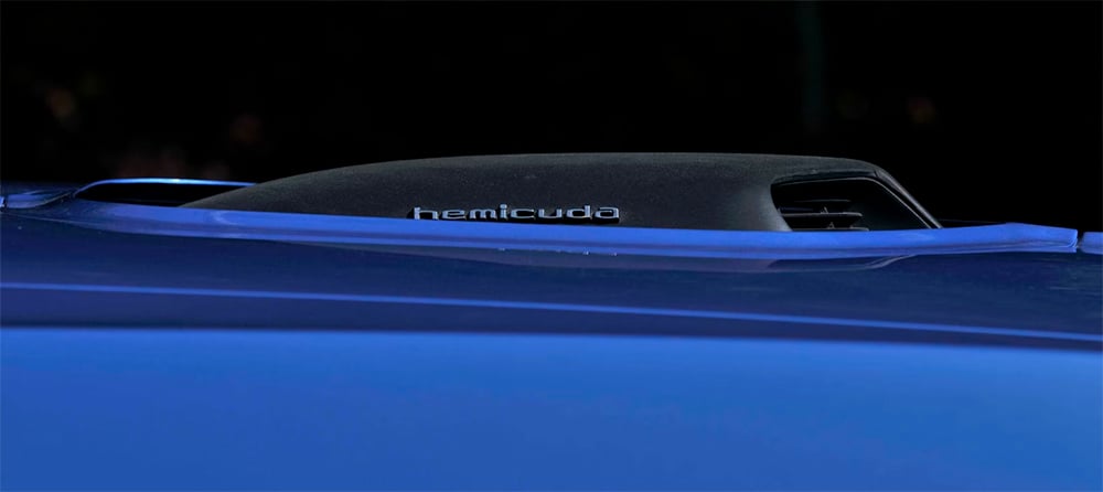 1971 Hemi Cuda blue hood scoop side view copy
