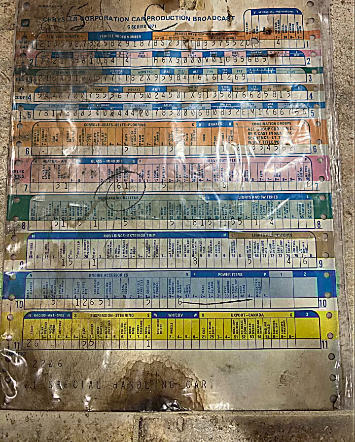 1971 Hemi Cuda broadcast sheet copy