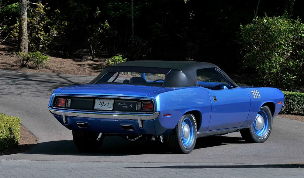 1971 Hemi Cuda convertible blue rear copy