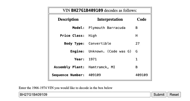 1971 Plymouth Barracuda convertible restomod VIN decoded copy