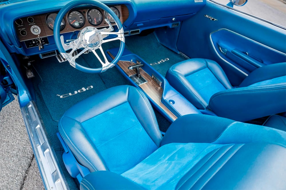 1971 Plymouth Barracuda convertible restomod interior automatic blue copy