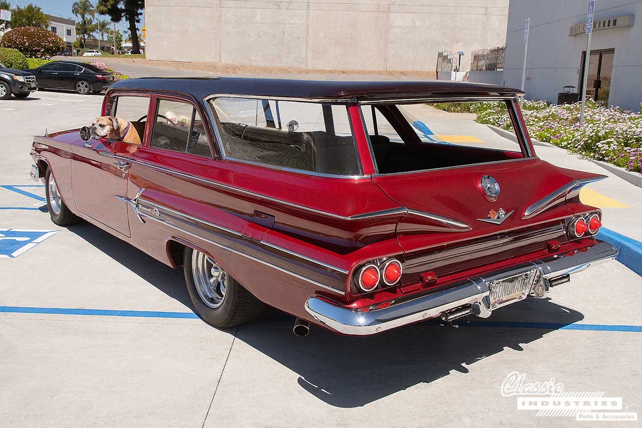 60_Chwvy_Brookwood_Wagon_Blood_Red_3-4_Rear_w-Dog