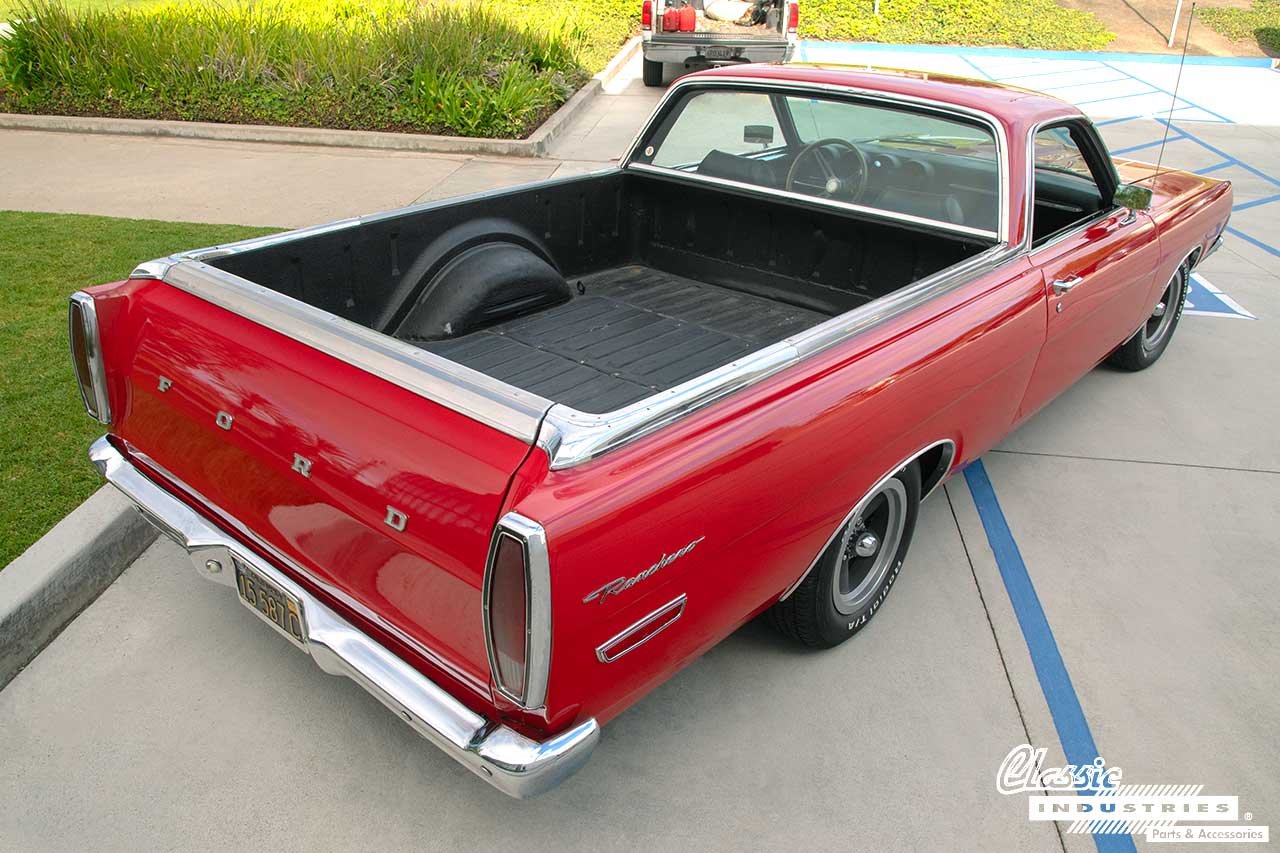 68_Ford_Red_Ranchero_Three-Fourth_Rear_and_Red_Floor