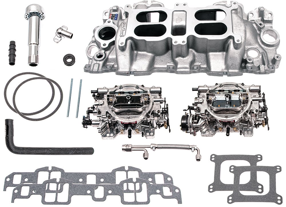 E2069_Chevrolet 348409 W Large port Edelbrock Performer RPM Dual Quad Satin Finish Manifold Carburetor Set copy