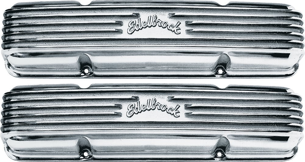 E4145 Edelbrock 1959-86 Chevrolet Small Block Classic Polished Aluminum Finned Valve Covers copy