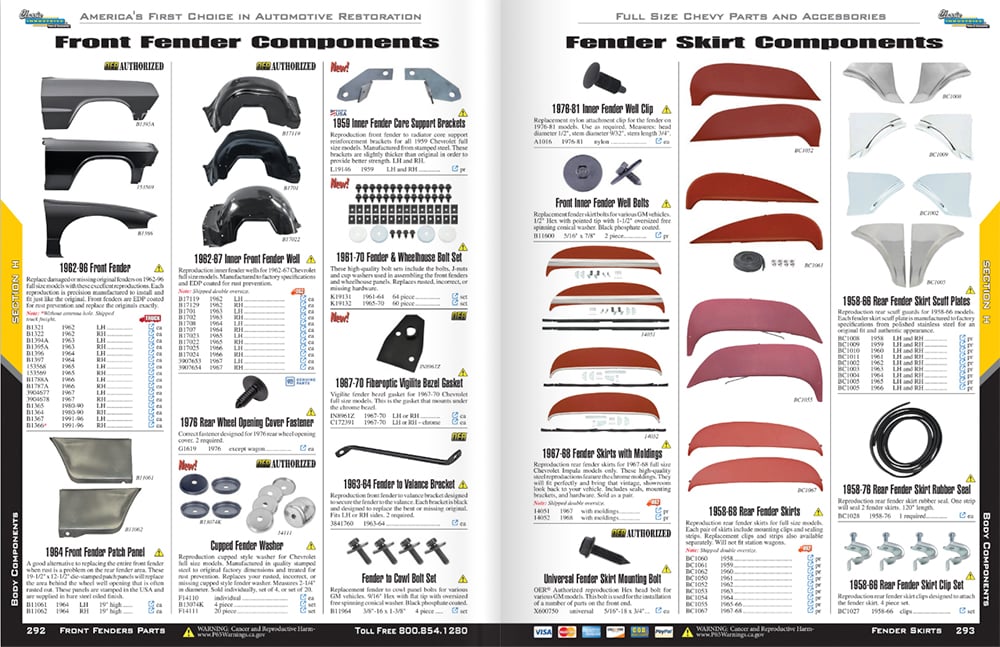 Impala front fender components and fender skirt components pp 292-293 copy